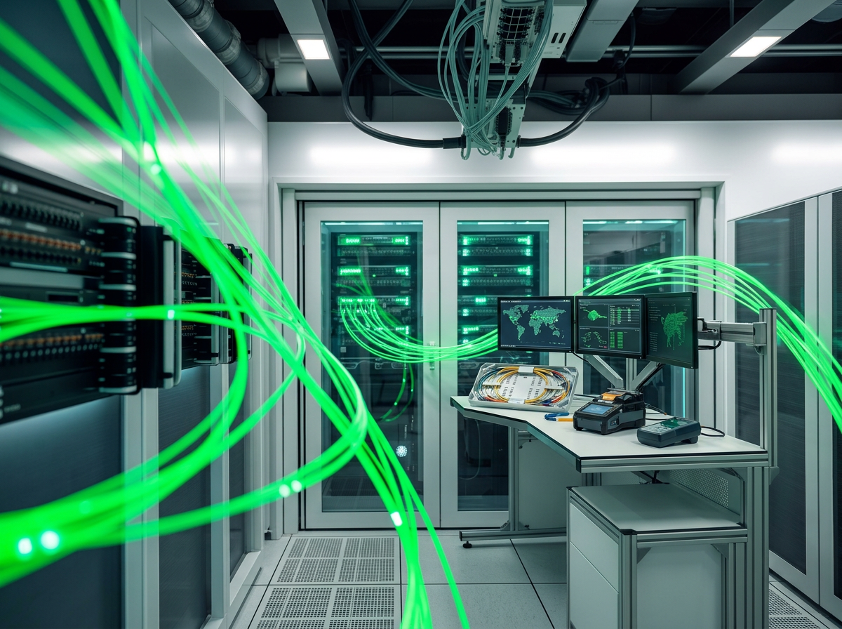 Green fiber optic network equipment in a clean telecom operations room